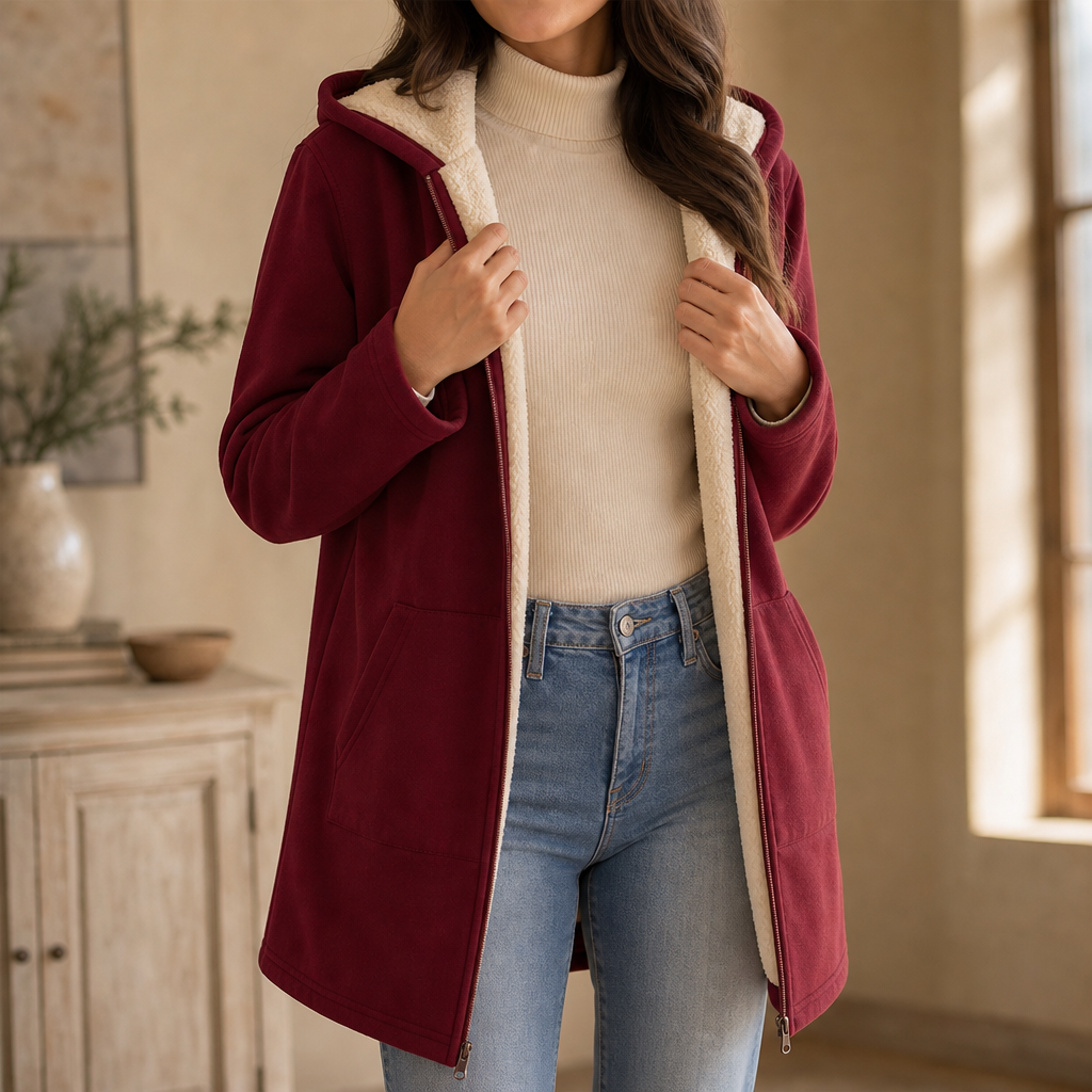 Cozelle Hooded Jacket - Women's Fleece Lined Look Mid Coat