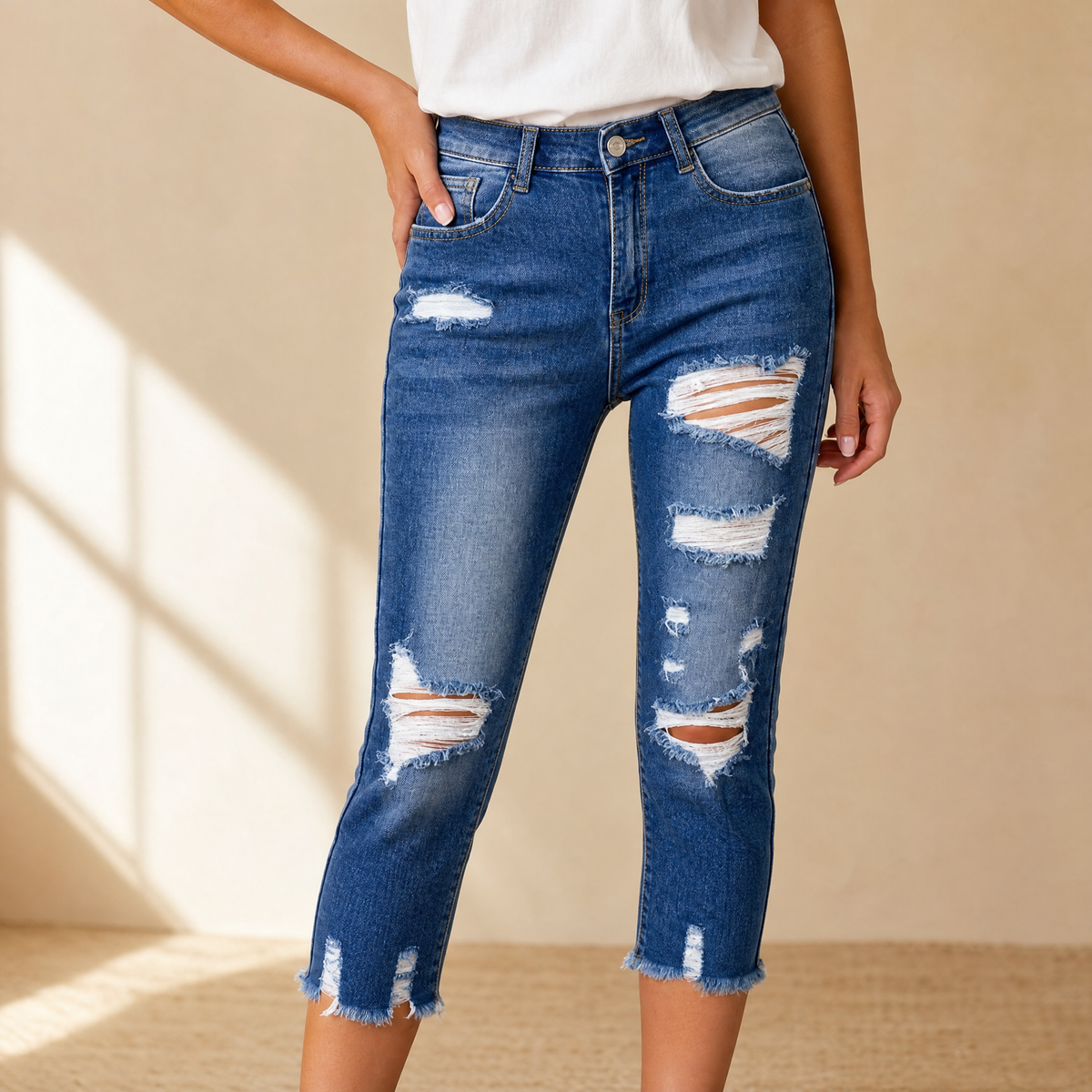 Delina Capri Jeans - Frayed Hem Women's Cotton Jeans