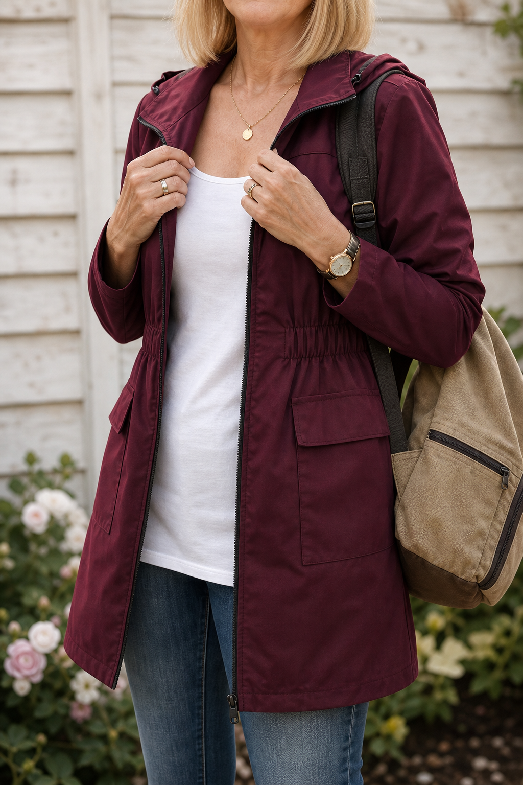 Rainette Hooded Rain Jacket - Drawstring Waist Women's Mac