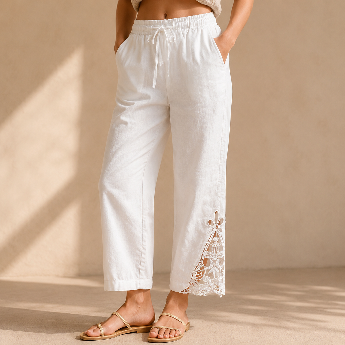 Liora Lace Trim Pants - Women's Drawstring Cropped Pants