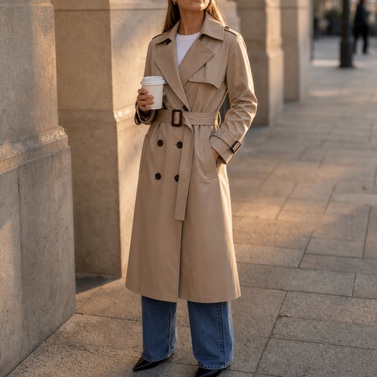 Winterly Belted Trench Coat - Women's Mid-Length Coat