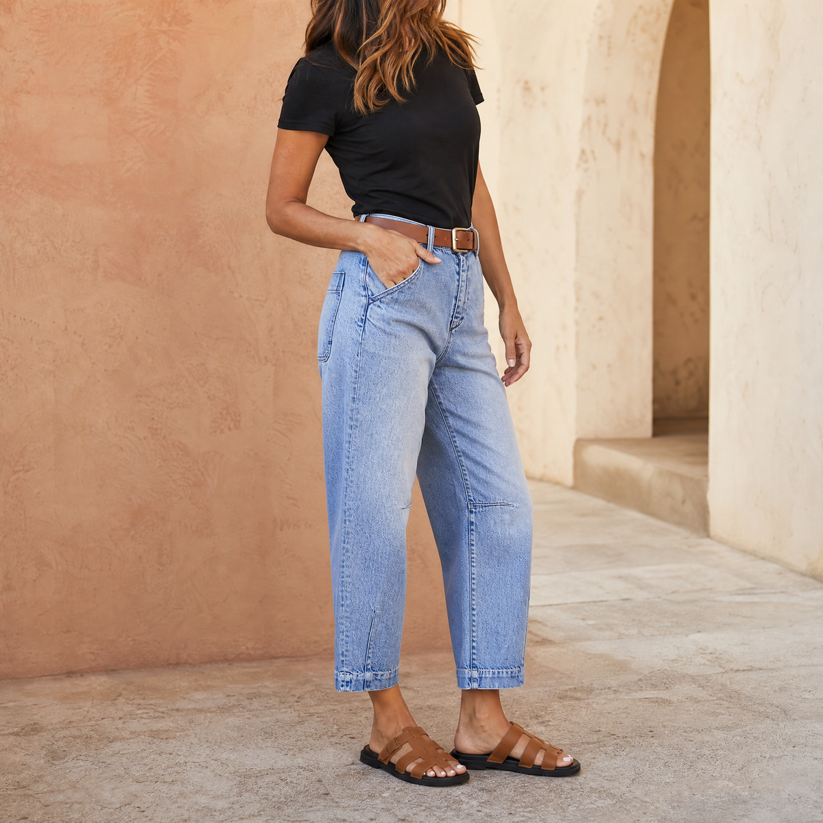 Veluna Barrel Leg Jeans - Women's High Waist Cropped Jeans