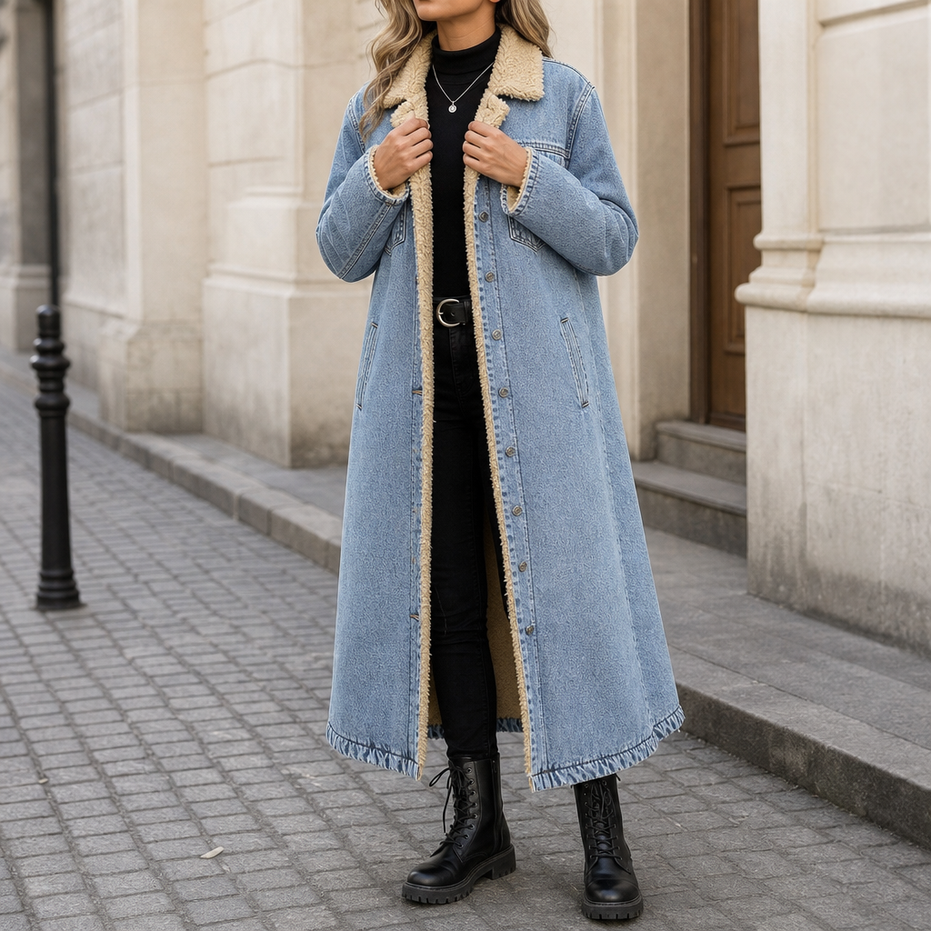 Denora Sherpa Lined Denim Coat - Women's Long Denim Coat