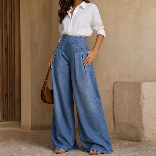 Pleatline Wide Leg Jeans - High Waist Pleated Women's Jeans