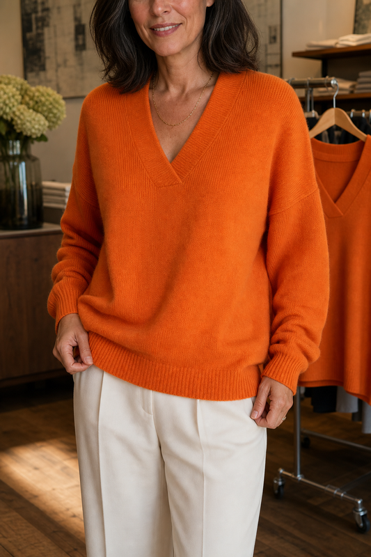 Softline - Ribbed V-Neck Relaxed Women's Knit Sweater