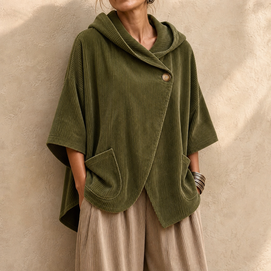 Draperly Corduroy Poncho - Hooded Women's Asymmetric Top