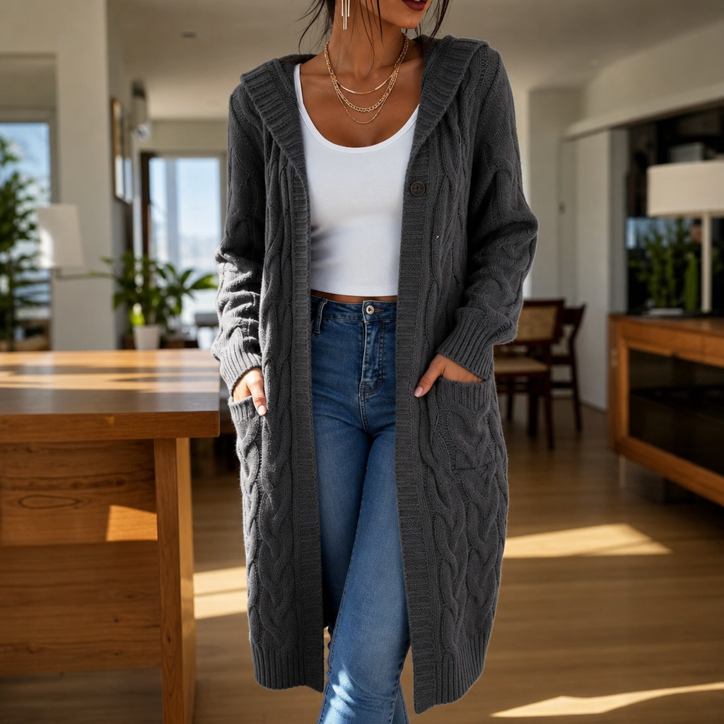 Wrapetta Cable Knit Cardigan - Women's Longline Hooded Knit