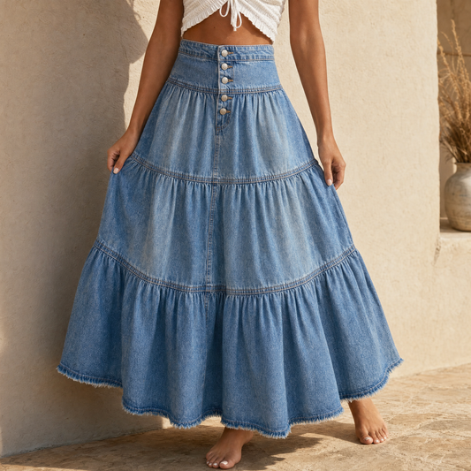Solera Denim Maxi Skirt - Women's Button Front Tiered Skirt