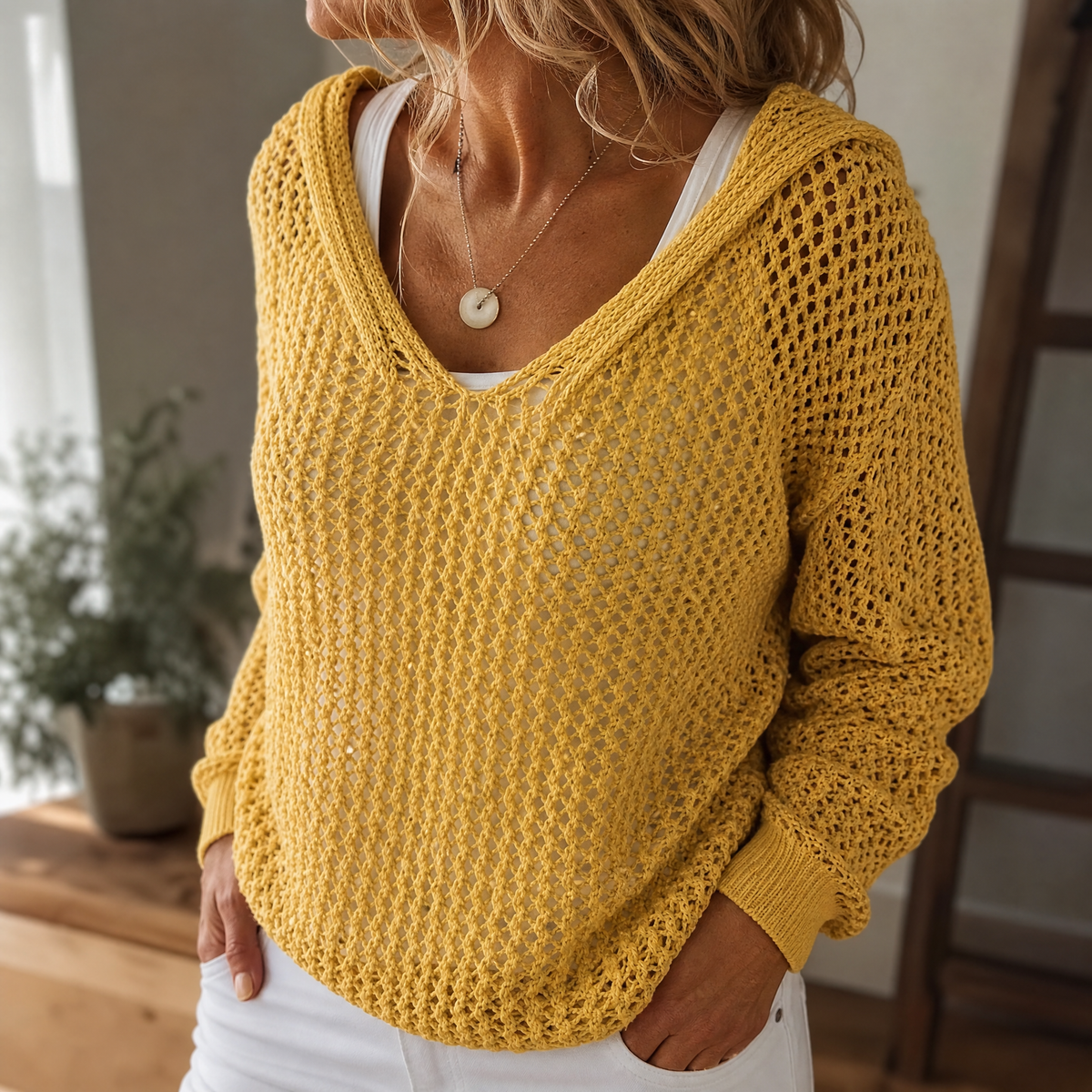 Delyne - Women's Open-Knit Hooded Pullover