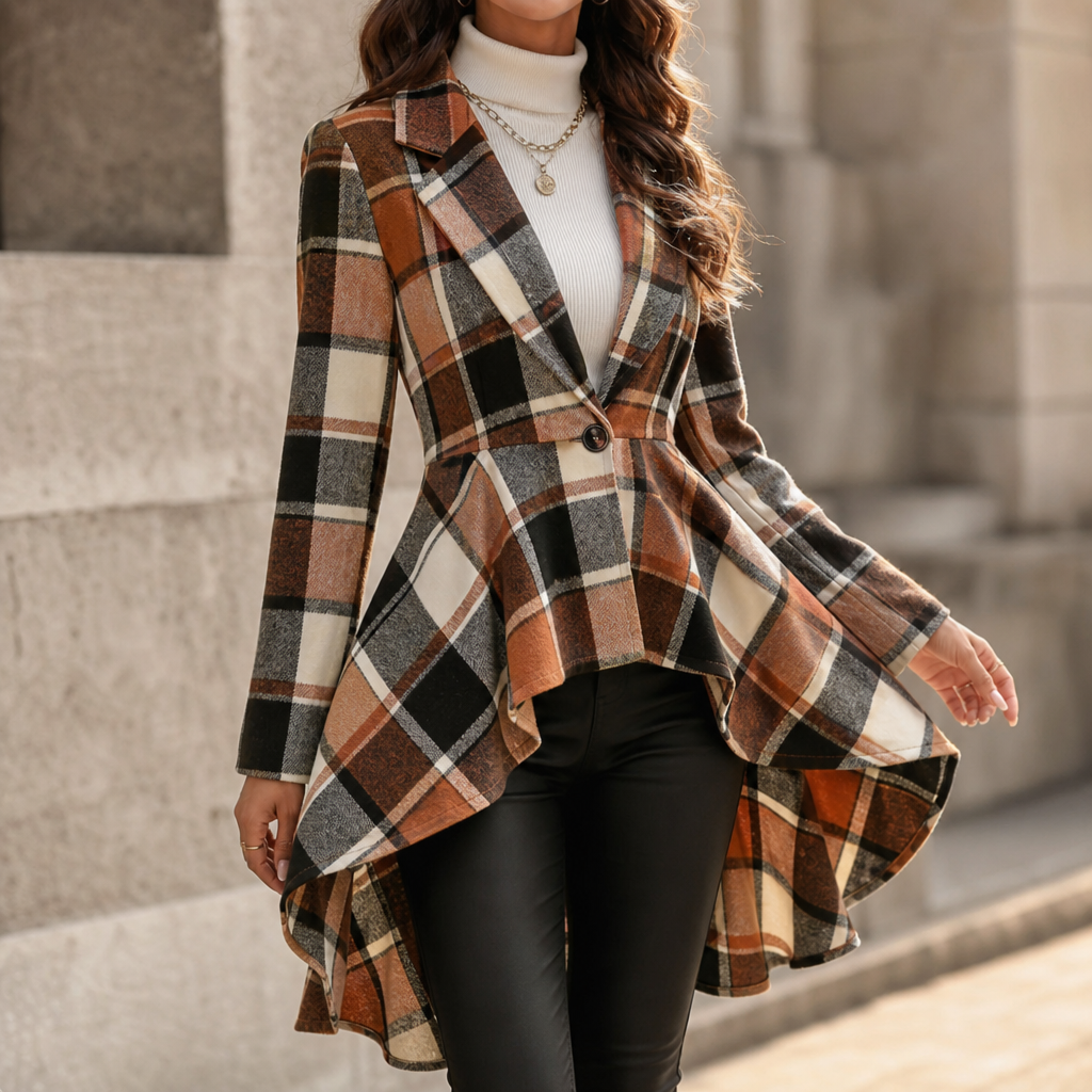 Cinchella Plaid Peplum Coat - Women's High Low Waist Coat
