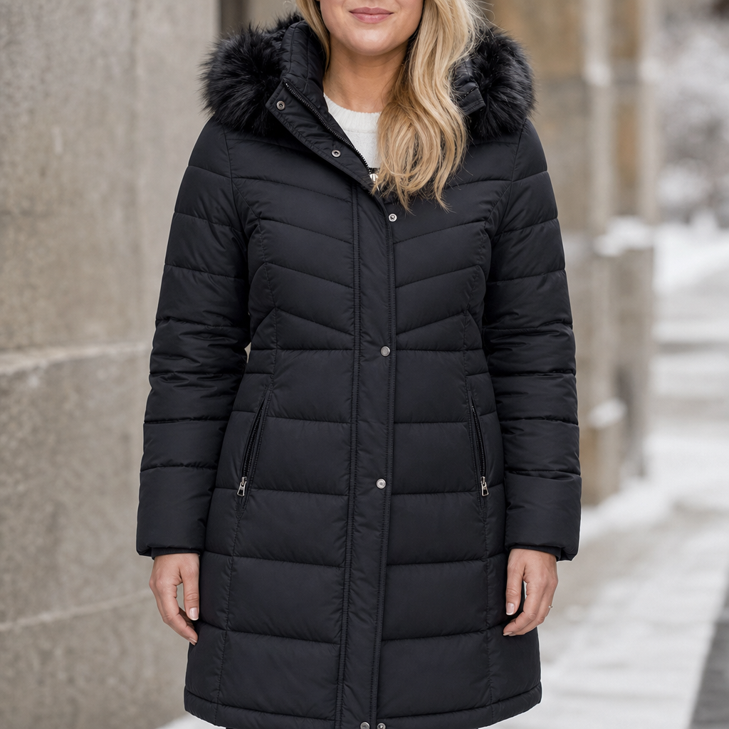 Chevronwarm Longline Puffer Coat - Women's Faux Fur Hood