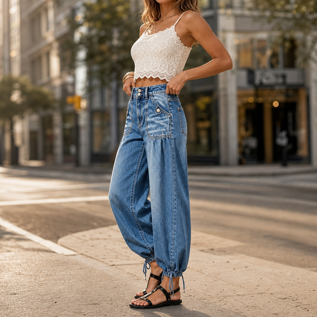 Barrelette Barrel Jeans - Tie Hem High Waist Women's Jeans