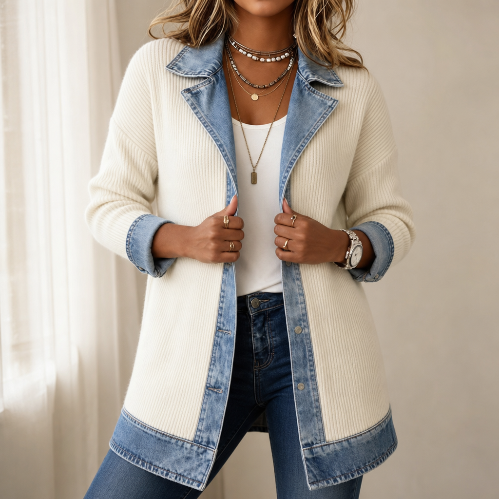 Ribova Ribbed Knit Coat - Women's Denim Panel Long Cardigan