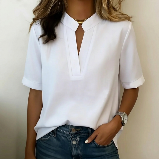 Lunavia - Women's Notch V-Neck Blouse with Cuffed Sleeves