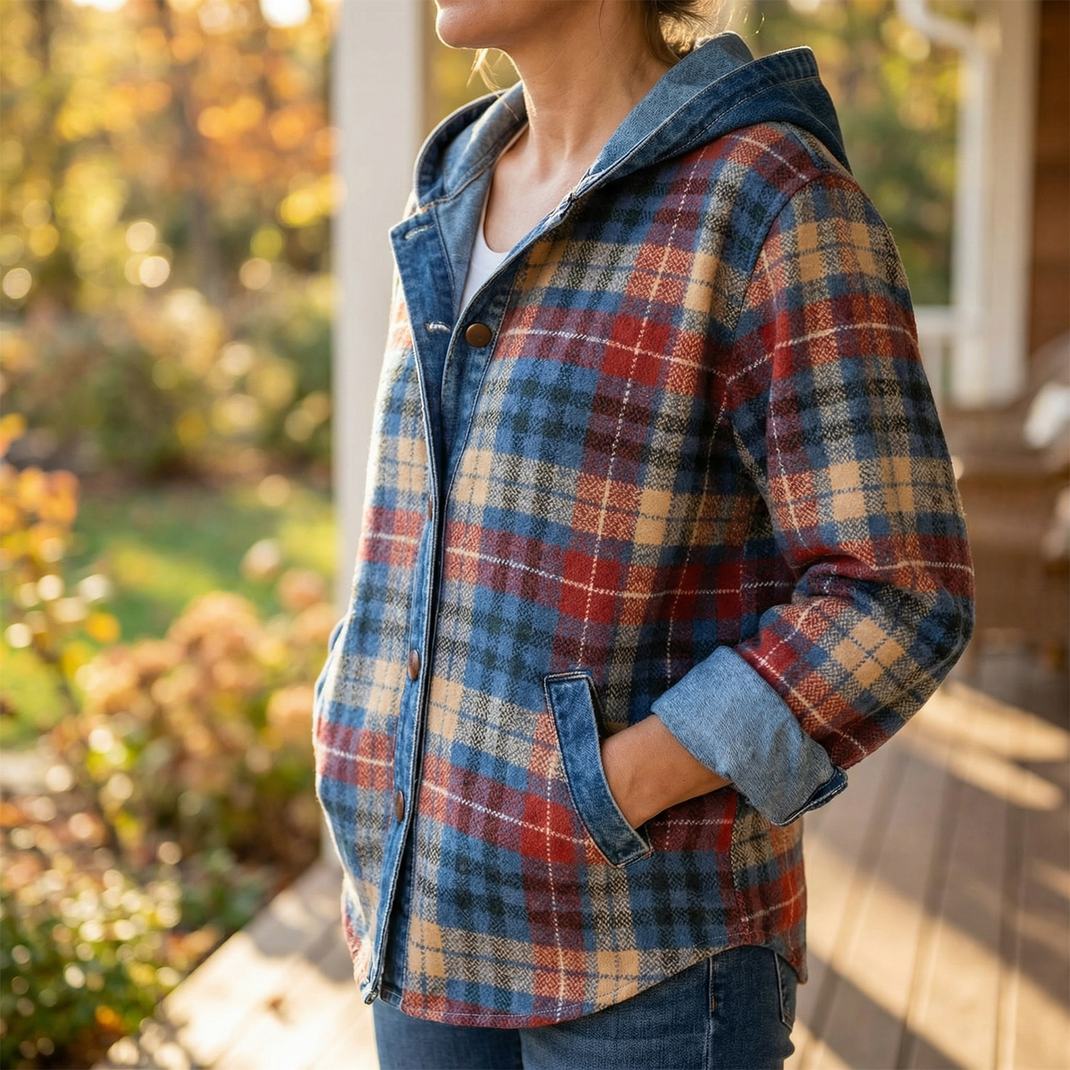 Weslyn Plaid Hooded Jacket - Women's Denim Trim Shacket