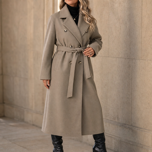 Belted Belle Long Coat - Double-Breasted Women's Coat
