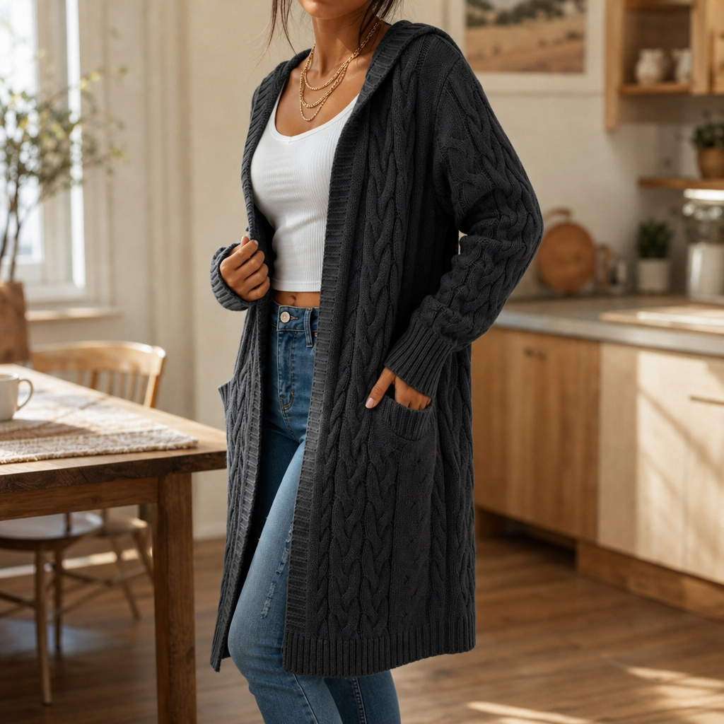 Wrapetta Cable Knit Cardigan - Women's Longline Hooded Knit