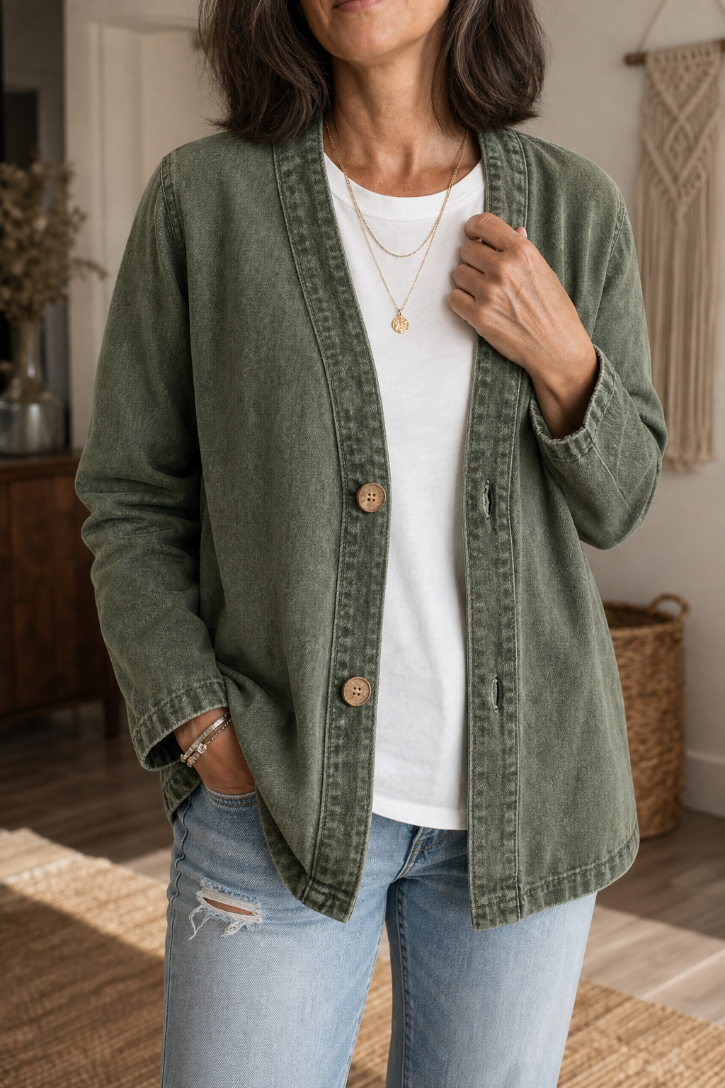 Corriveau Denim-Look Jacket - Washed V-Neck Women's Jacket