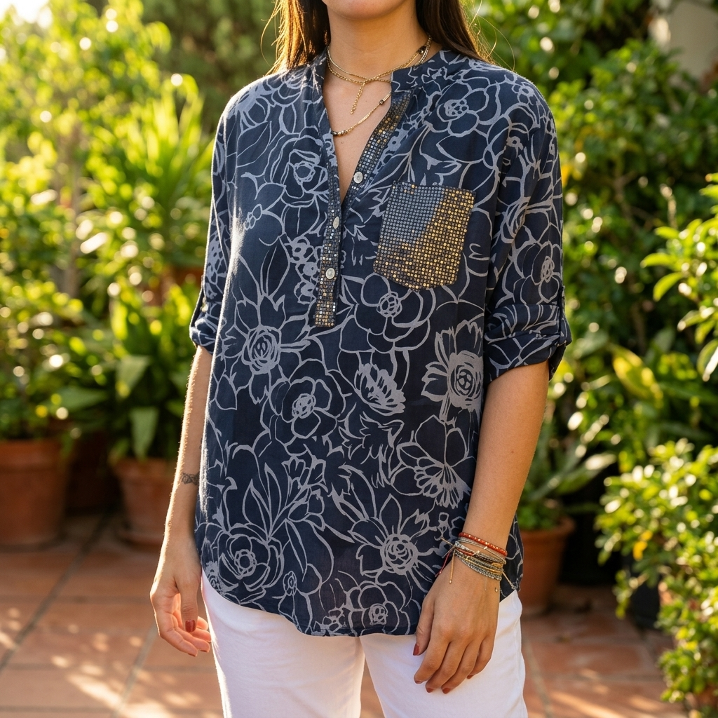 Florenne - Sequin Pocket Floral Blouse for Women