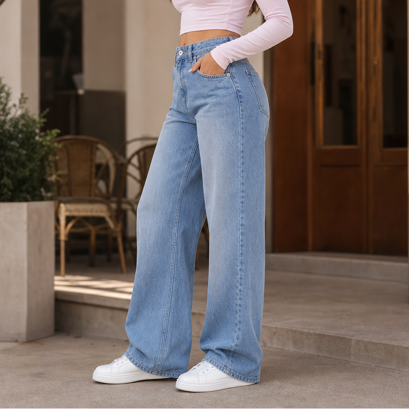 Longline Denim Jeans - Women's High Waisted Straight Leg