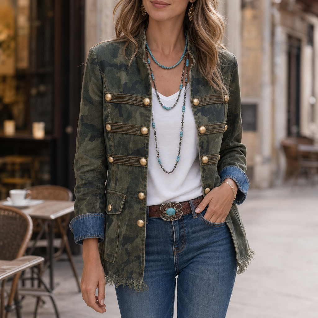 Gilded Rebel Camo Denim Jacket - Gold Button Women's Jacket