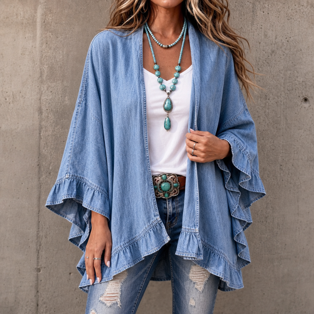Ruffledenim Cardigan - Women's Ruffle Trim Denim Look Layer
