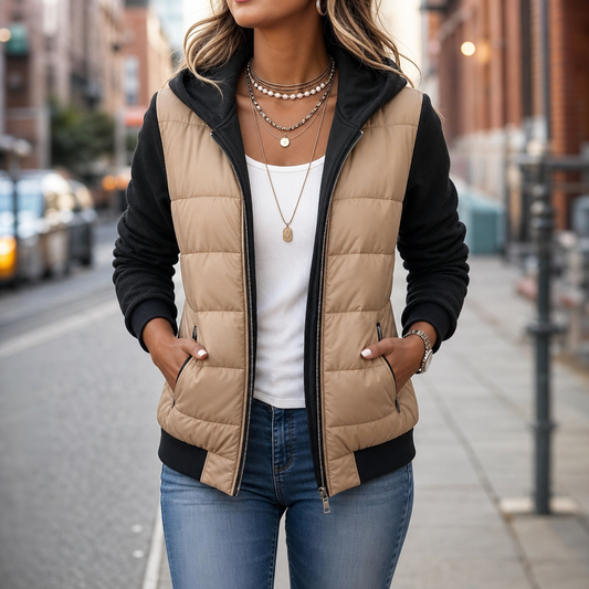 Coeza Quilted Puffer Jacket - Women's Knit Sleeve Hoodie