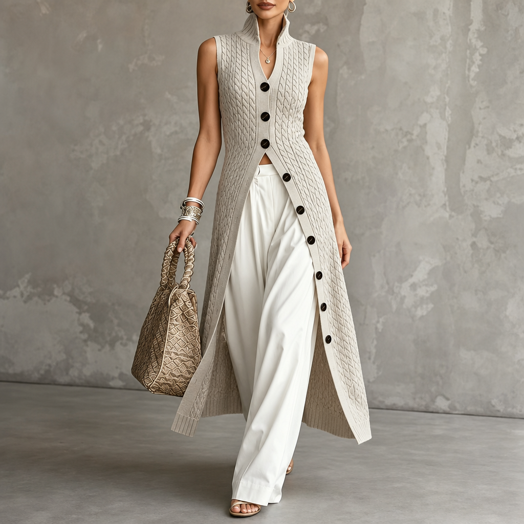 Elara Knit Longline Waistcoat - Cable-Knit Look Women's