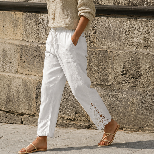 Liora Lace Trim Pants - Women's Drawstring Cropped Pants