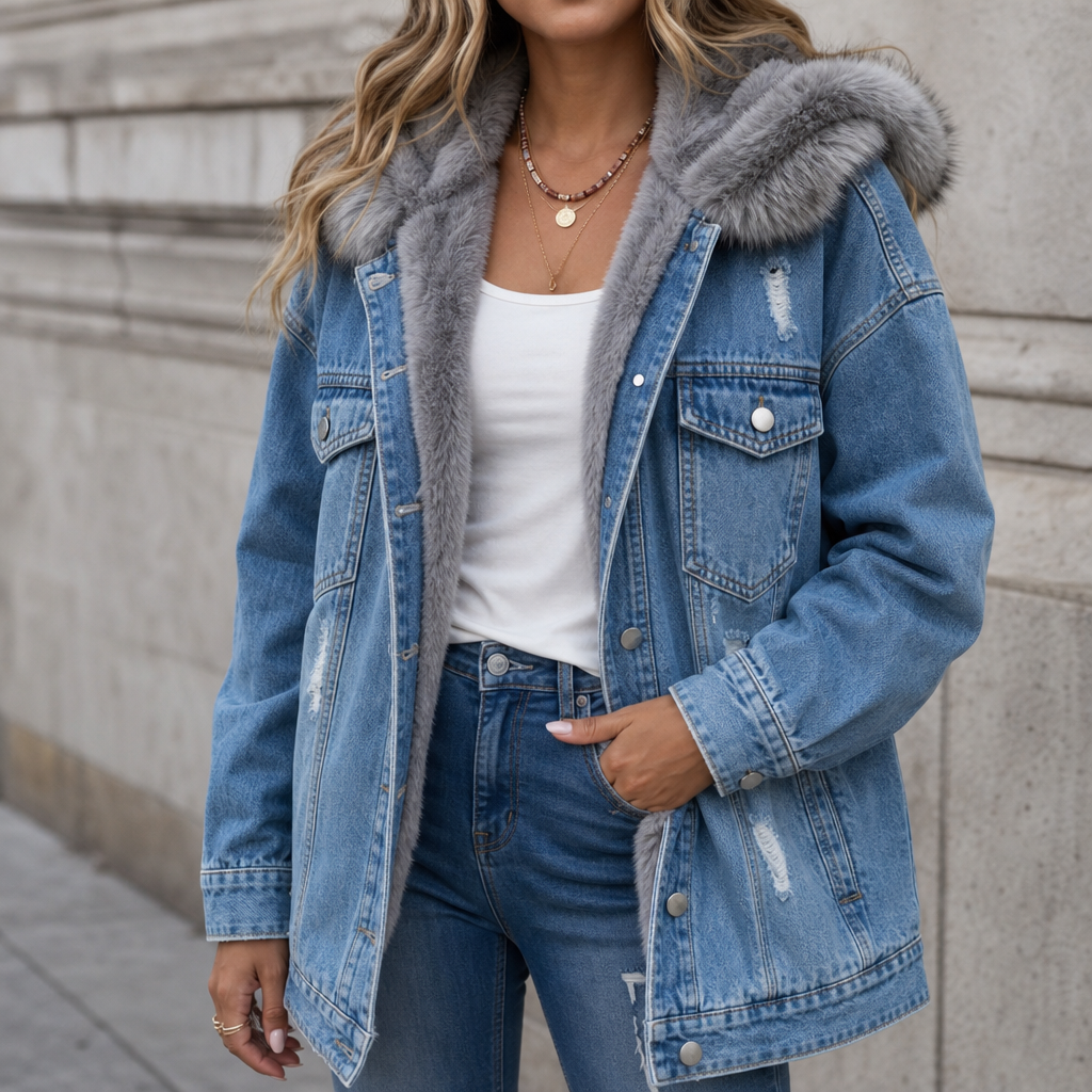 Wearbella Fur Collar Denim Jacket - Women's Hooded Jacket