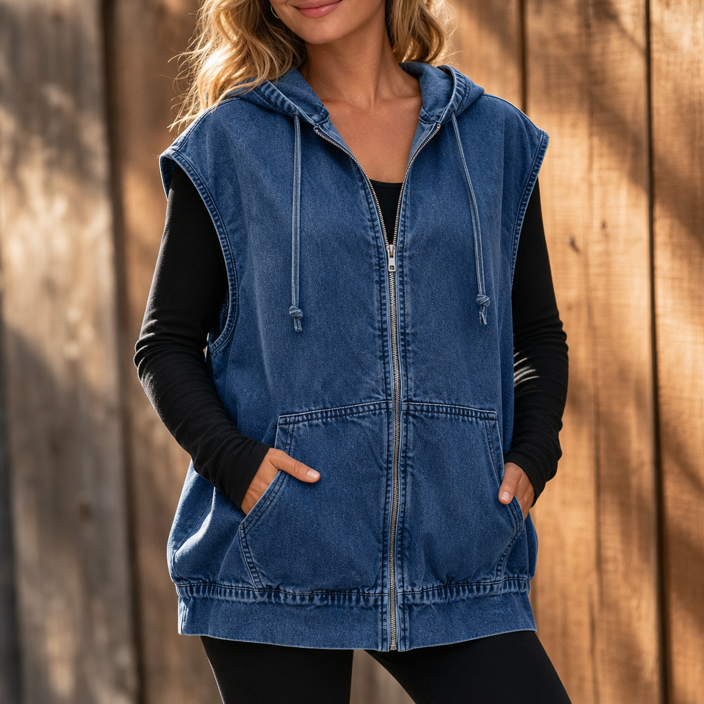Wearbella Hooded Denim Look Vest - Women's Oversized Gilet
