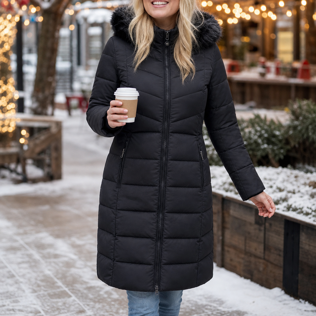 Chevronwarm Longline Puffer Coat - Women's Faux Fur Hood