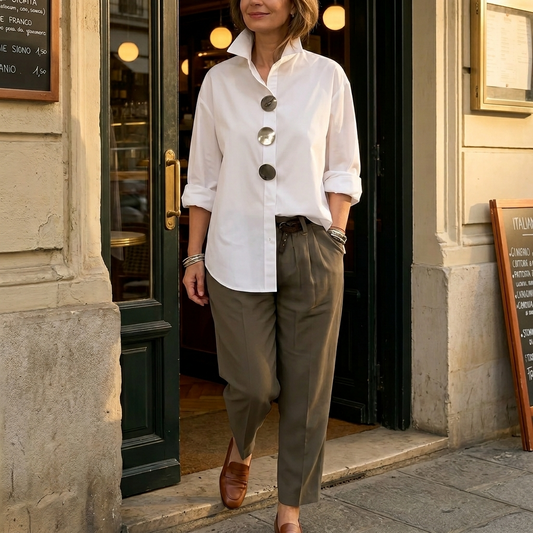 Milenza - Silver Button Blouse with Stand Collar for Women