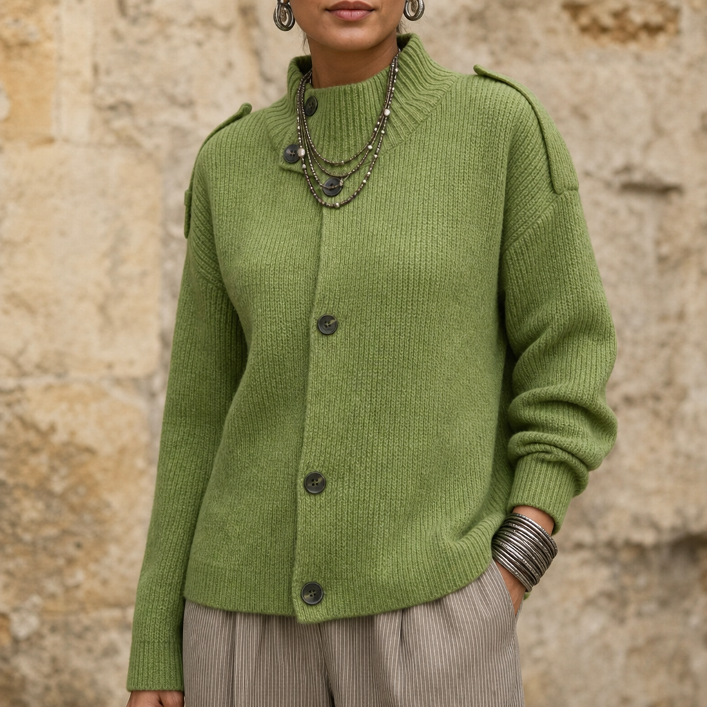 Diavelle High-Collar Cardigan - Diagonal Button Women's