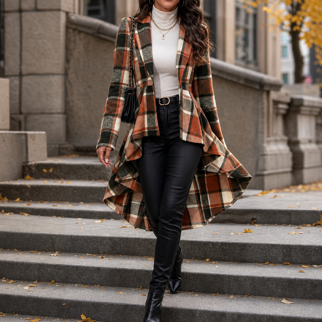 Cinchella Plaid Peplum Coat - Women's High Low Waist Coat