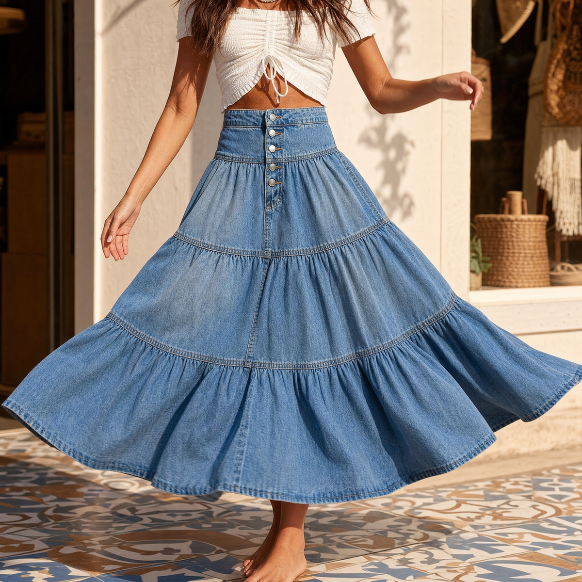 Solera Denim Maxi Skirt - Women's Button Front Tiered Skirt