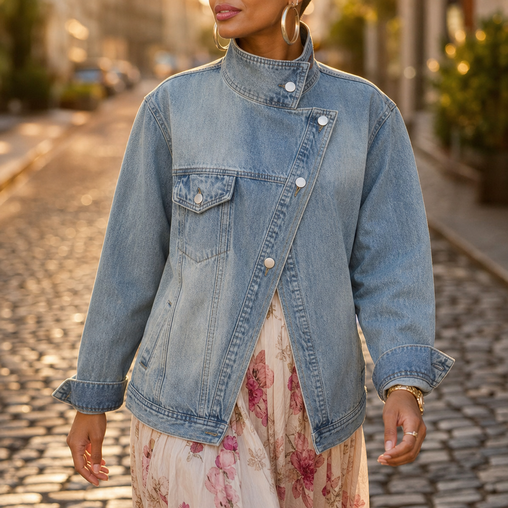 Veluna Asymmetric Denim Jacket - Women's Oversized Jacket