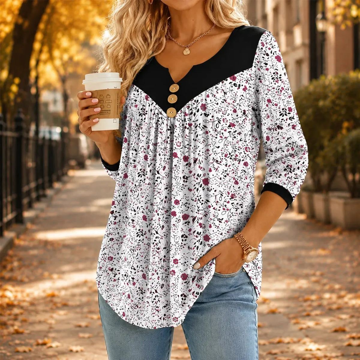 Evelora - Floral V-Neck Tunic Top with Button Yoke