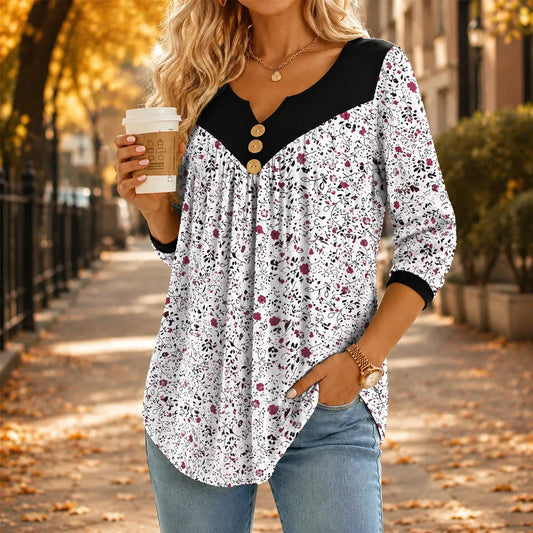 Evelora - Floral V-Neck Tunic Top with Button Yoke