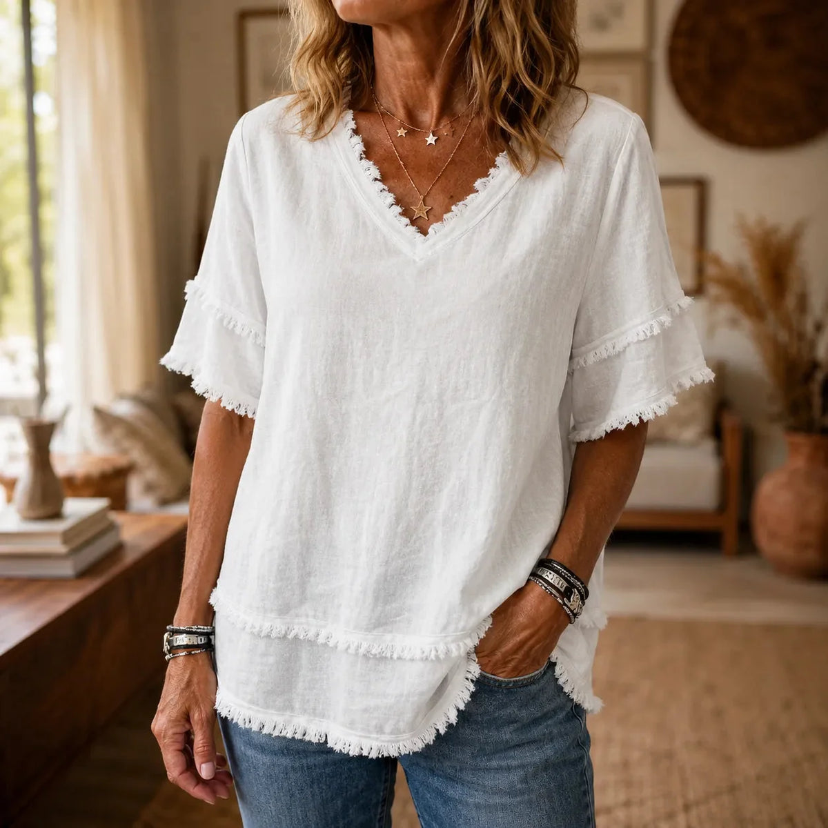 Lorelei - Boho Frayed-Trim V-Neck Women's Tee, Loose Fit