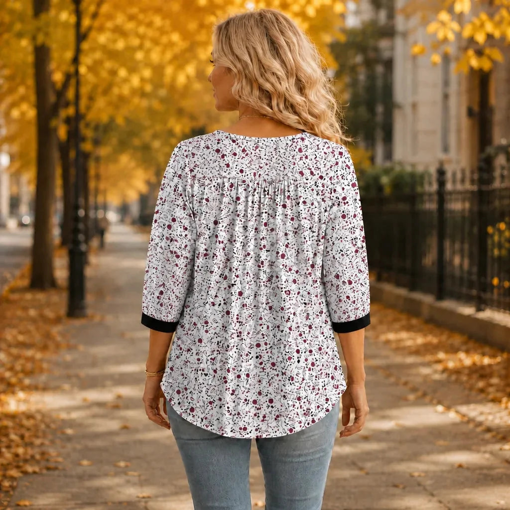 Evelora - Floral V-Neck Tunic Top with Button Yoke