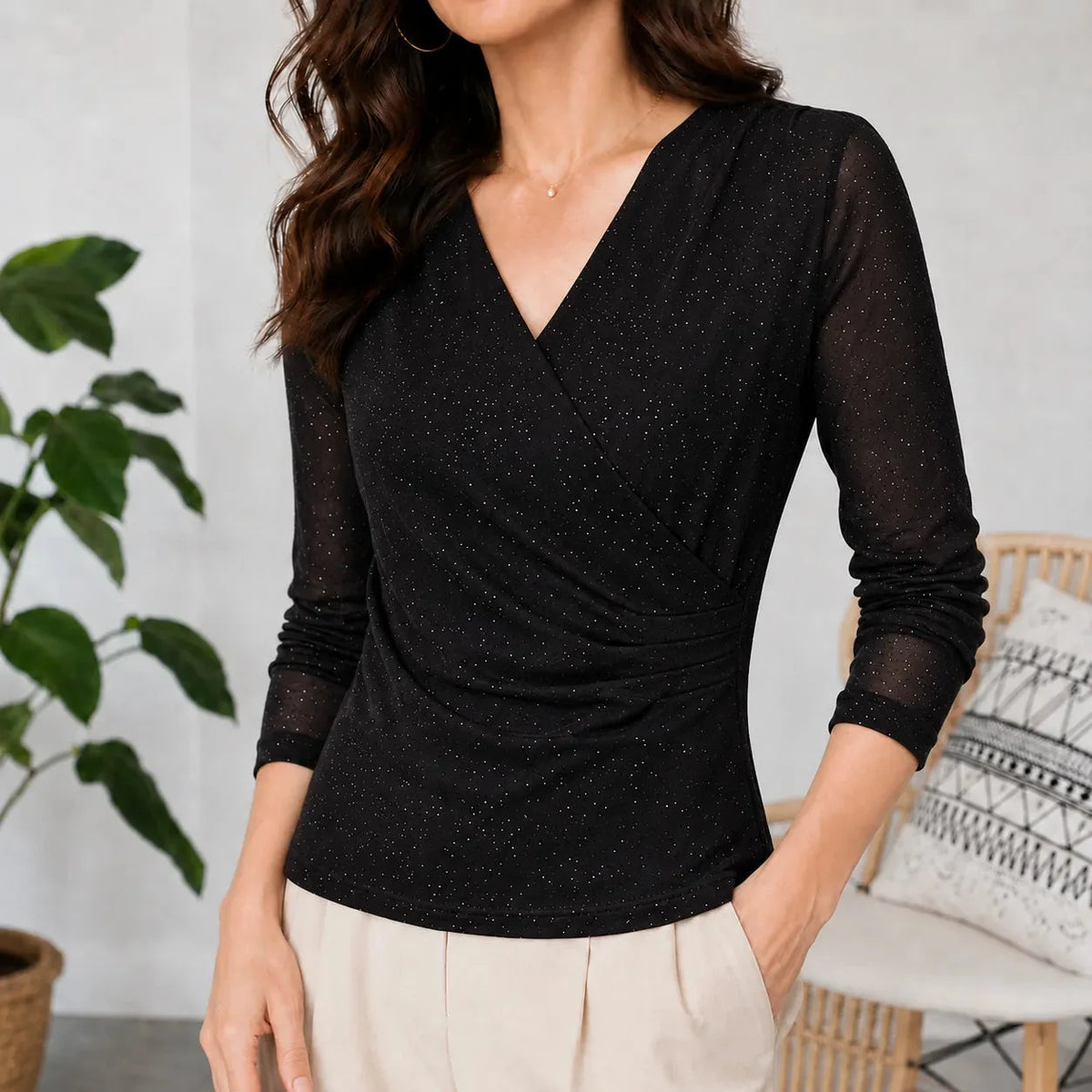 Solavia Sparkle Top - Women's Ruched V-Neck Mesh Top