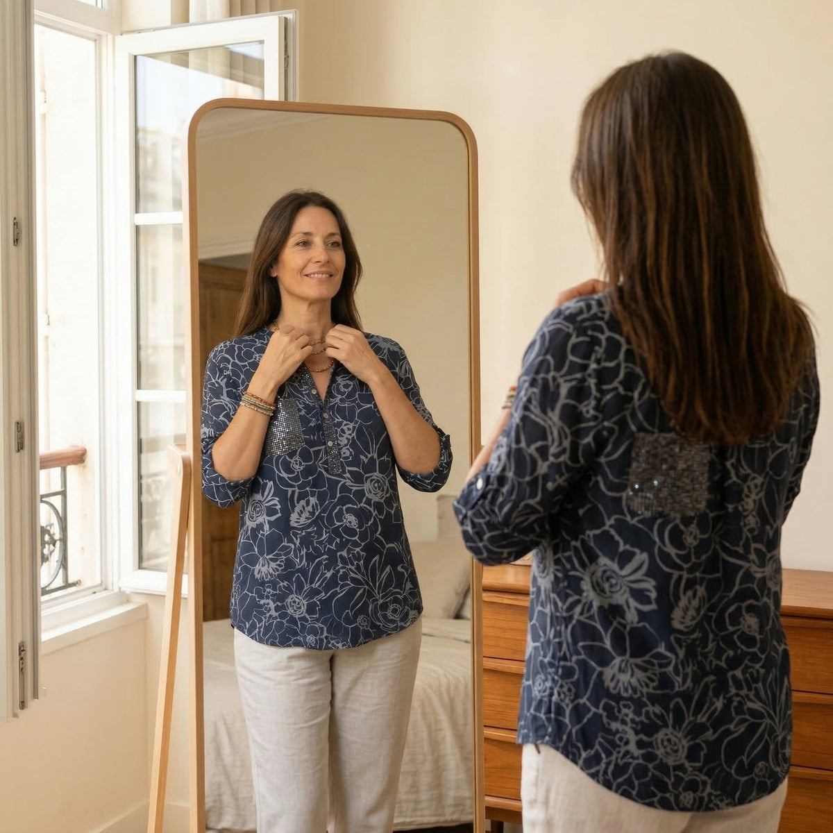 Florenne - Sequin Pocket Floral Blouse for Women