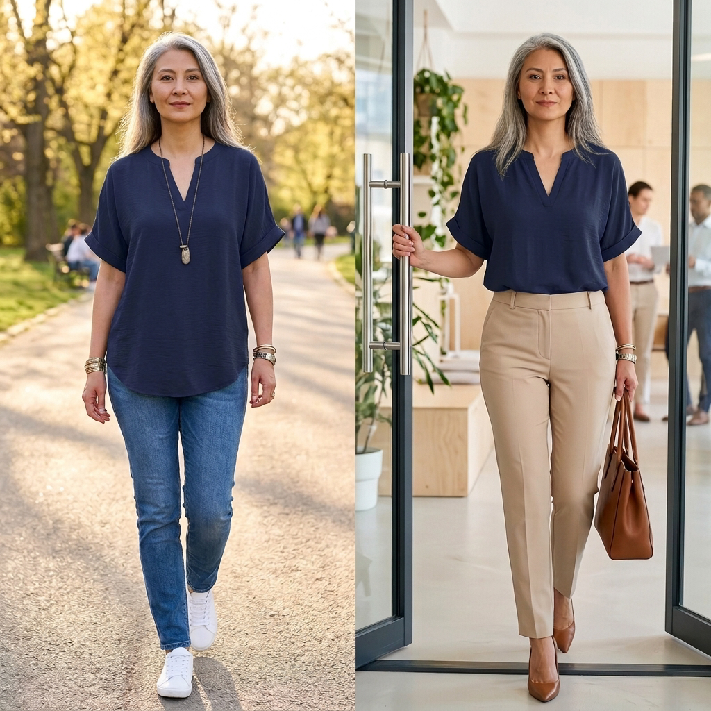 Wovena - Women's V-Neck Blouse with Curved Hem