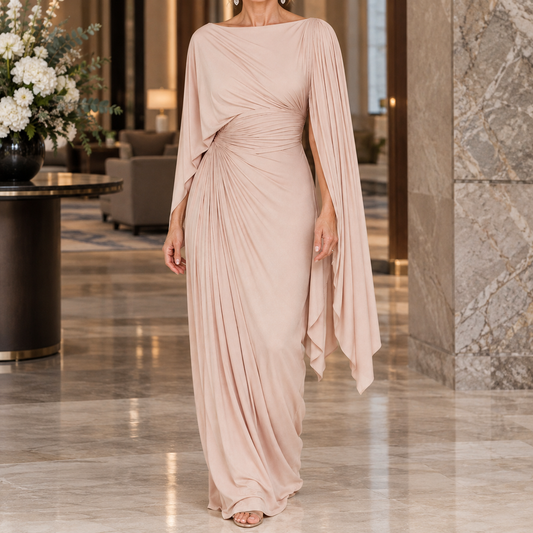 Annabel-Hope Ruched Cape Dress - Women's Maxi Gown