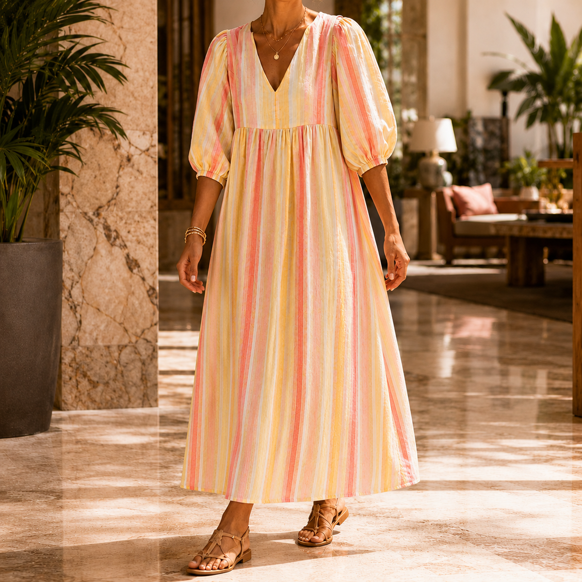 Audrey Striped Midi Dress - Balloon Sleeve Women's Dress