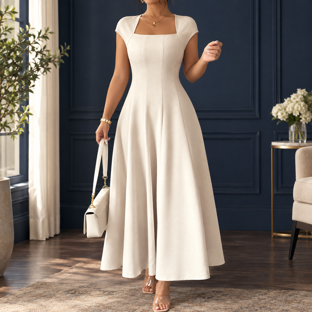 Zenobia-Belle A-Line Dress - Women's Square Neck Dress