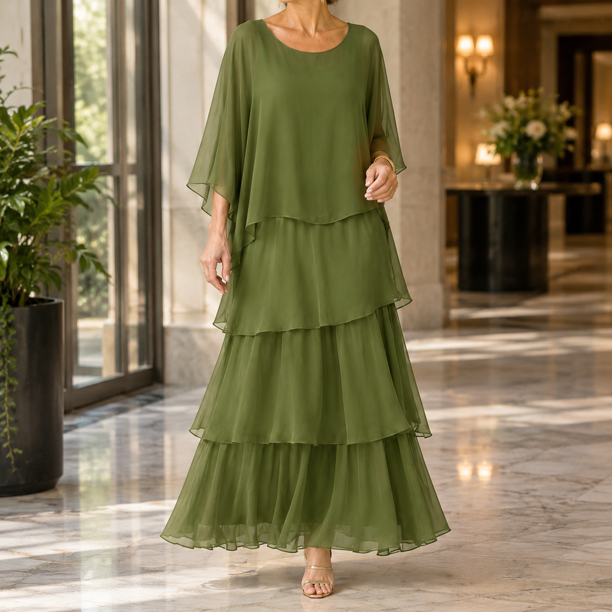 Theodora-Eve Layered Maxi Dress - Women's Cape Sleeve