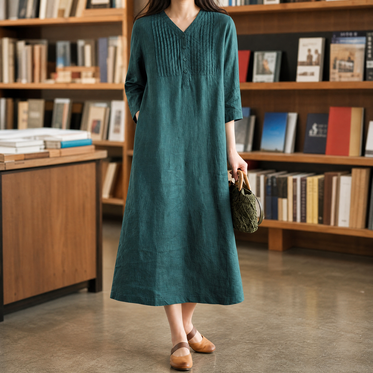 Veronique-Eve Pintuck Maxi Dress - Women's Linen Dress