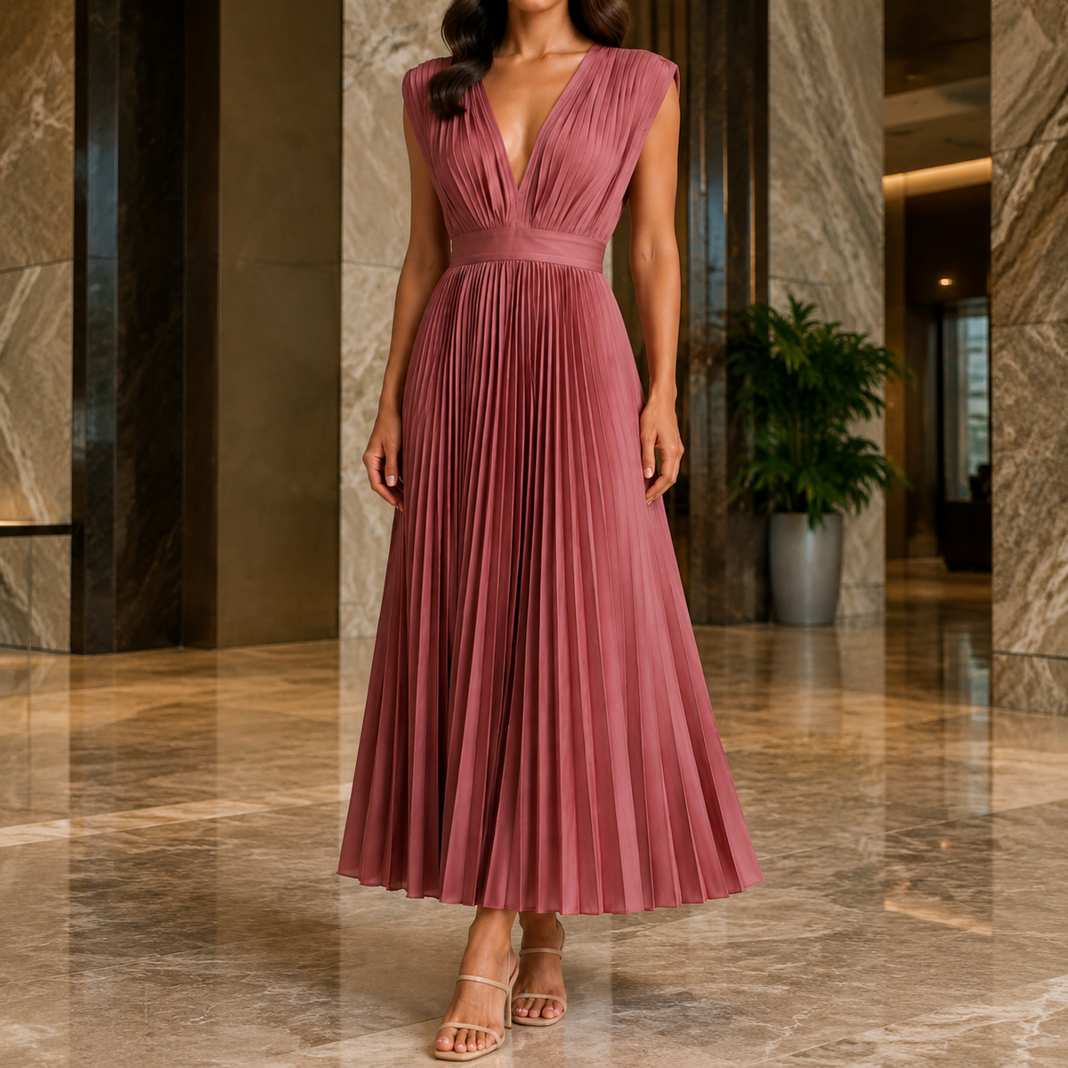 Marisol-Skye Pleated Maxi Dress - Women's V-Neck Dress